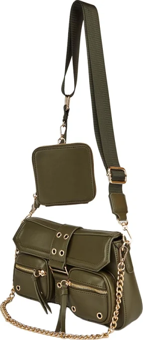 Bolso Bandolera Verde Militar con Monedero y Cadena Dorada